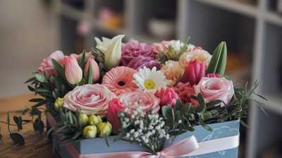 Ein liebevoll arrangierter Blumenstrauß in einer eleganten Geschenkbox mit rosa Rosen, Tulpen und Gerbera, verziert mit einer Schleife – perfekt als romantisches Geschenk oder Tischdekoration.