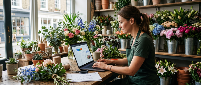 Floristin pflegt am Laptop den Online-Shop ihres Blumenladens, umgeben von Sträußen und Pflanzen