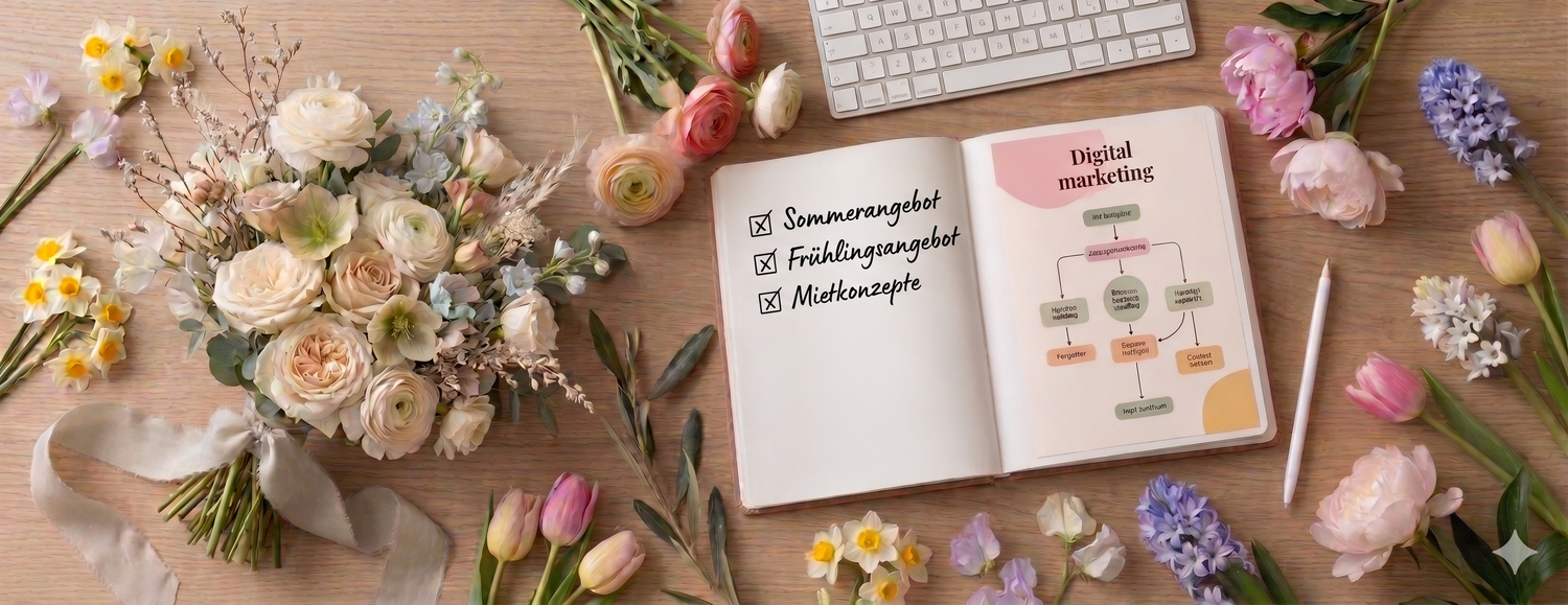 Flachbild-Draufsicht (Flatlay) eines geöffneten Notizbuchs auf einem Holzschreibtisch, umgeben von einem bunten Blumenbouquet (Ranunkeln, Tulpen), einer Tastatur und einem Stift. Im Notizbuch sind handschriftliche Notizen und ein Diagramm zu sehen.