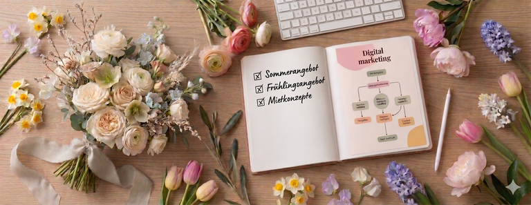 Flachbild-Draufsicht (Flatlay) eines geöffneten Notizbuchs auf einem Holzschreibtisch, umgeben von einem bunten Blumenbouquet (Ranunkeln, Tulpen), einer Tastatur und einem Stift. Im Notizbuch sind handschriftliche Notizen und ein Diagramm zu sehen.