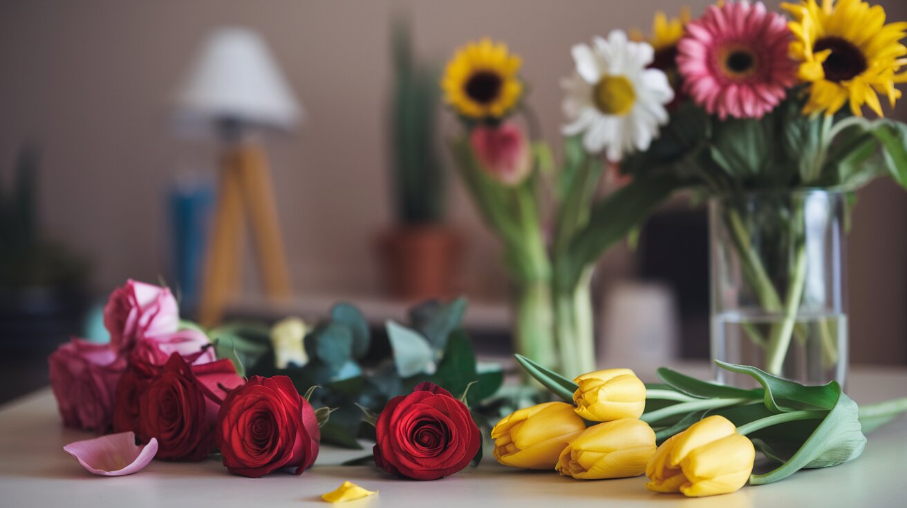 Auf einem Tisch liegen frisch geschnittene rote Rosen und gelbe Tulpen, während im Hintergrund ein bunter Blumenstrauß in einer Vase steht.